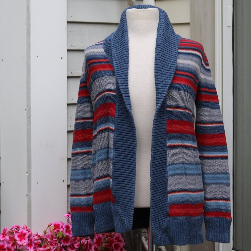Ralph Lauren Striped Shawl Collar Cardigan in Blue, Red, Gray